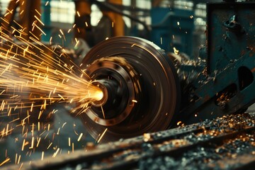 Fototapeta premium Electric wheel grinding on steel structure in factory