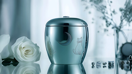 Modern silver pet cremation urn with minimalist moon and cat etchings, ideal for honoring cherished feline companions