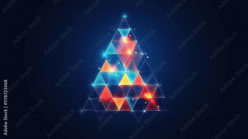 Poster a geometric design featuring colorful triangles arranged in a tree-like shape.