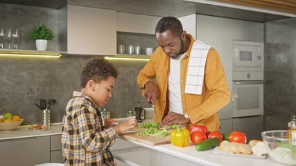 Caring African American parent with his lovely kid cooking salad with fresh vegetables. Little boy with his father cutting mature food. Preparing tasty lunch for family. Cooking together.