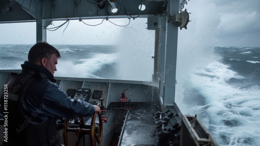 Poster the third officer expertly navigates the ship through choppy waters constantly monitoring weather co