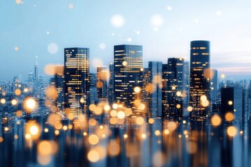 Obraz premium Evening cityscape features stardust-gray skyscrapers reflecting deep blue twilight skies with glowing lights for a futuristic atmosphere