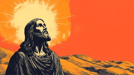 Fototapeta premium Sacred illustration of a Jesus statue in nature, with mystical ambiance and divine serenity enhancing the spiritual atmosphere.