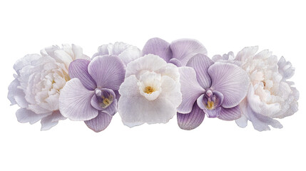 Obraz premium Beautiful Arrangement of White and Purple Flowers, Depicting Elegant Orchids and Peonies, Perfect for Decorative Purposes in Springtime Celebrations or Events