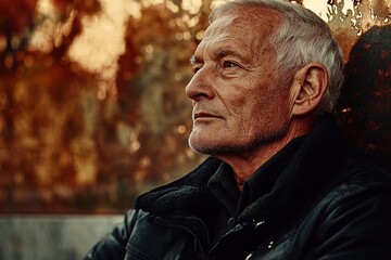 portrait photo people of older man sitting quietly on bench in memorial park his gaze fixed on horizon