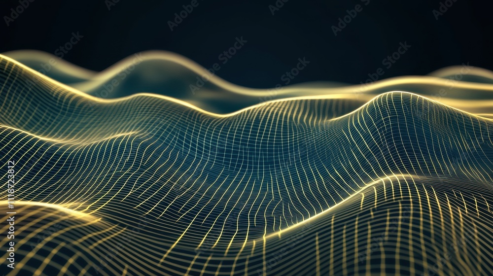 Poster abstract representation of waves with a glowing grid pattern.