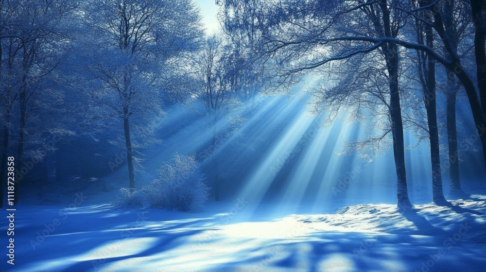 Poster Soft rays of sunlight cascade down through a tranquil scene filled with frost-covered trees and a blanket of fresh snow. The ethereal blue light creates a magical atmosphere
