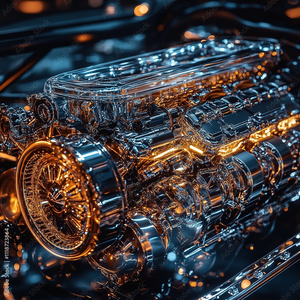 Poster dynamic engine showcase industrial workshop 3d render futuristic environment close-up view mechanica