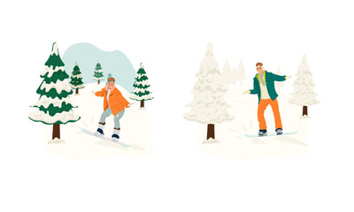Skiing man and woman, set.