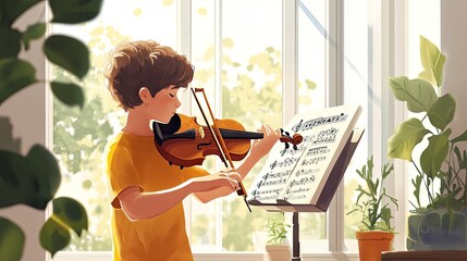 A young boy of Caucasian descent playing the violin, immersed in music as sunlight fills the room.