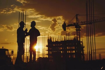Engineer and worker silhouette on construction site at sunset.