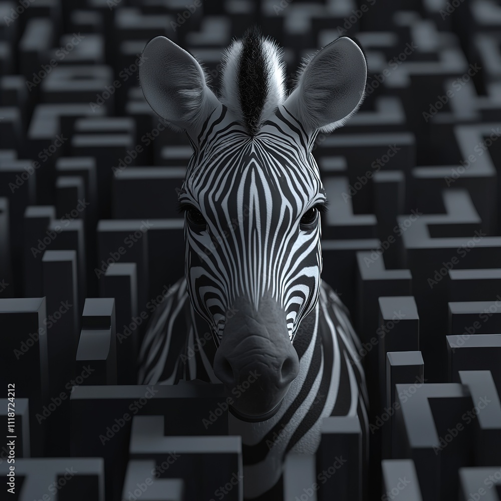 Poster zebra navigating a maze digital art abstract environment close-up view unique conceptual representat