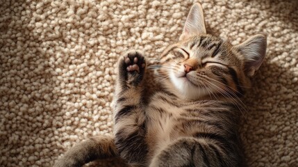 Fototapeta premium A cute striped tabby cat sleeping peacefully on a soft, fluffy carpet.