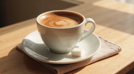 Fototapeta premium Cappuccino in white cup on wooden table