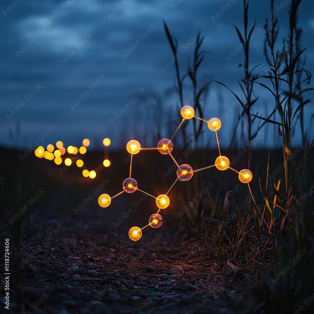 Poster illuminated molecular structures in a natural landscape at dusk capturing science and artistry in a 