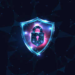 Fototapeta premium Polygonal shield with glowing padlock symbolizes digital security and protection in cyberspace. Vector illustration.