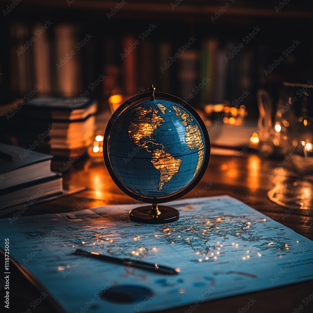 Poster exploring global geography illuminated globe on table cozy library setting captivating still life pe