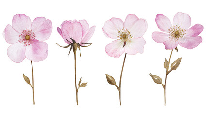 Obraz premium Delicate Pink Flowers Illustrating Different Stages of Bloom Against a White Background, Highlighting Their Natural Beauty and Diversity