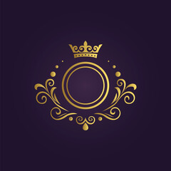 Luxurious golden royal emblem with crown and ornate swirls on a dark purple background 