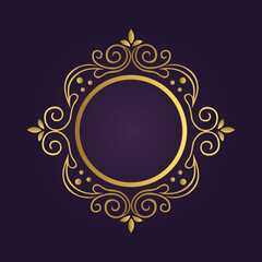 Ornate gold circular frame with floral motifs on deep purple background in an elegant decorative design  
