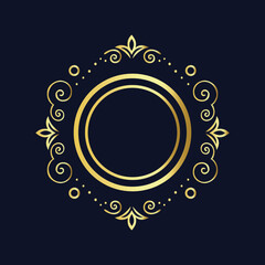 Elegant golden decorative emblem with intricate swirls and circular centerpiece on a dark background 