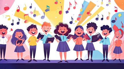 Fototapeta premium A joyful group of diverse children singing together on stage, surrounded by vibrant music notes and colorful bursts.