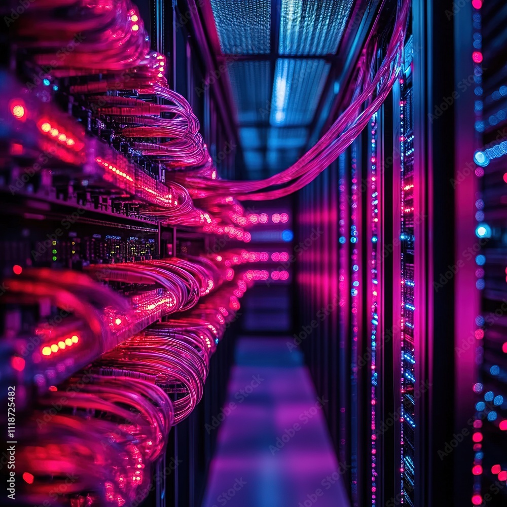 Poster data center operations server room technology infrastructure neon lighting close-up view high-tech e