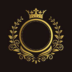Elegant golden floral emblem with crown and blank circle on dark background