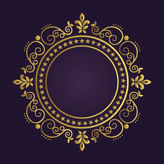 Intricate circular mandala design with gold floral motifs and stars on dark purple background 