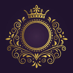 Ornate circular emblem with gold crown and intricate flourishes on deep purple background in regal style