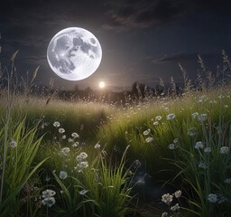 Fototapeta premium A full moon casts a silver glow over a field of tall grasses and wildflowers, highlighting the beauty of nature, silver glow, natural beauty, wildflowers