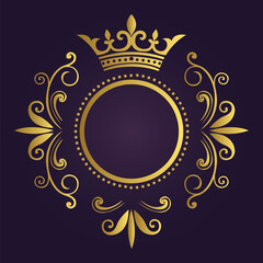 Ornate circular emblem with gold crown and floral motifs on deep purple background in regal symmetrical design