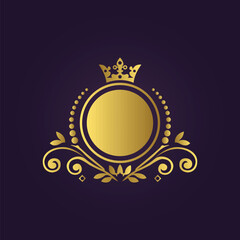 Luxurious gold medallion with ornate crown and flourishes on dark purple 