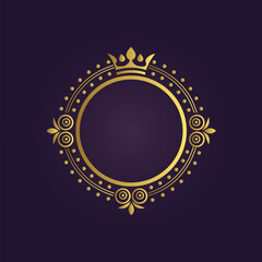 Elegant gold circular emblem with crown floral motifs and intricate patterns on dark purple background