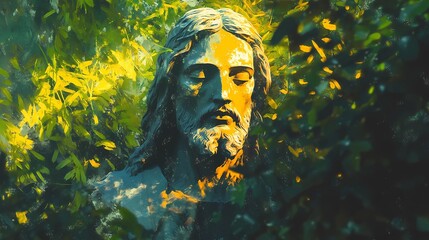 Ethereal depiction of a Jesus statue in a mystical landscape, bathed in soft light and surrounded by tranquil elements.