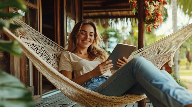 Happy young woman lying relaxed on a hammock reading a digital e-book on the porch of her house - Powered by Adobe