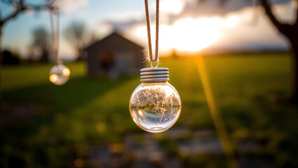 A bunch of glass bulbs hanging from a tree in a field