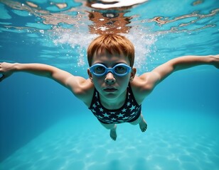 Young boy swimming underwater with goggles and stars on his swimsuit