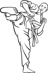 Taekwondo side kick line vector illustration isolated on white background