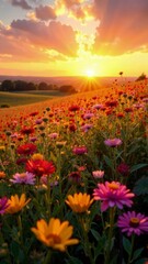 Fototapeta premium Golden hour landscape with a field of colorful flowers and a warm gradient sky
