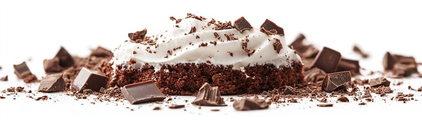 Indulgent chocolate cake slice with whipped cream and chunks modern kitchen food photography bright setting close-up view