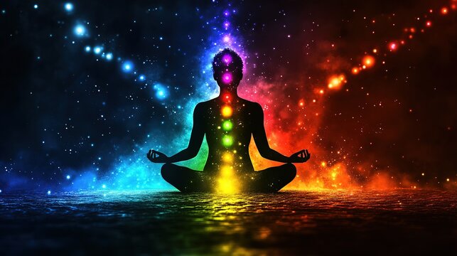 Meditation practice for inner peace cosmic realm digital art vibrant colors spiritual viewpoint energy balance concepts
