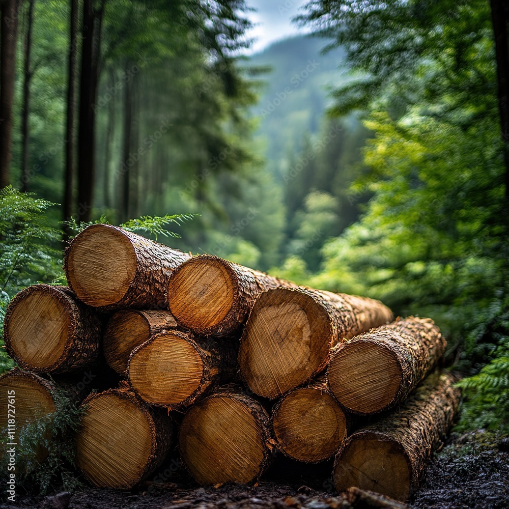 Poster log stacking event in tranquil forest nature photography serene environment close-up viewpoint