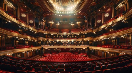 Obraz premium Grand theater interior with red seats and ornate architecture.