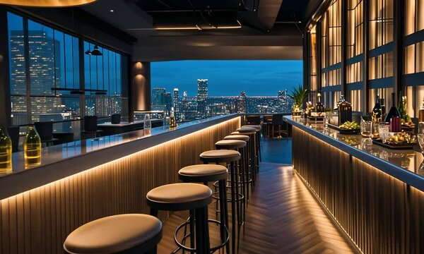 Modern rooftop bar with city view at night.  Stools, counter, drinks, and lights illuminate the space.