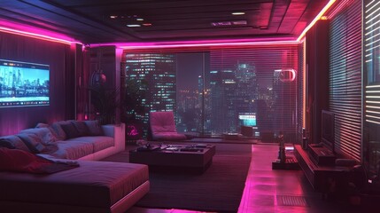 Futuristic apartment living room with city view at night, illuminated with neon pink lighting.