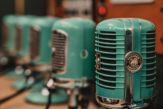 broadcasting culture, microphones sitting on desk, radio waves buzzing, broadcasters sharing vibrant stories to mark world radio day