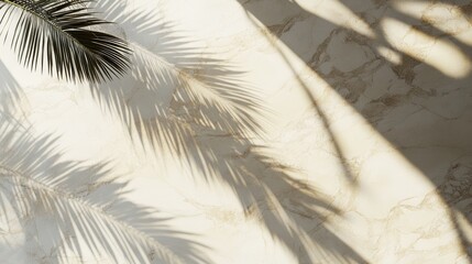 Elegant shadows of palm leaves against a light marble background, creating a serene tropical ambiance.