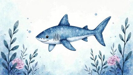 Fototapeta premium Watercolor baby shark with coral and seaweed in soft tones
