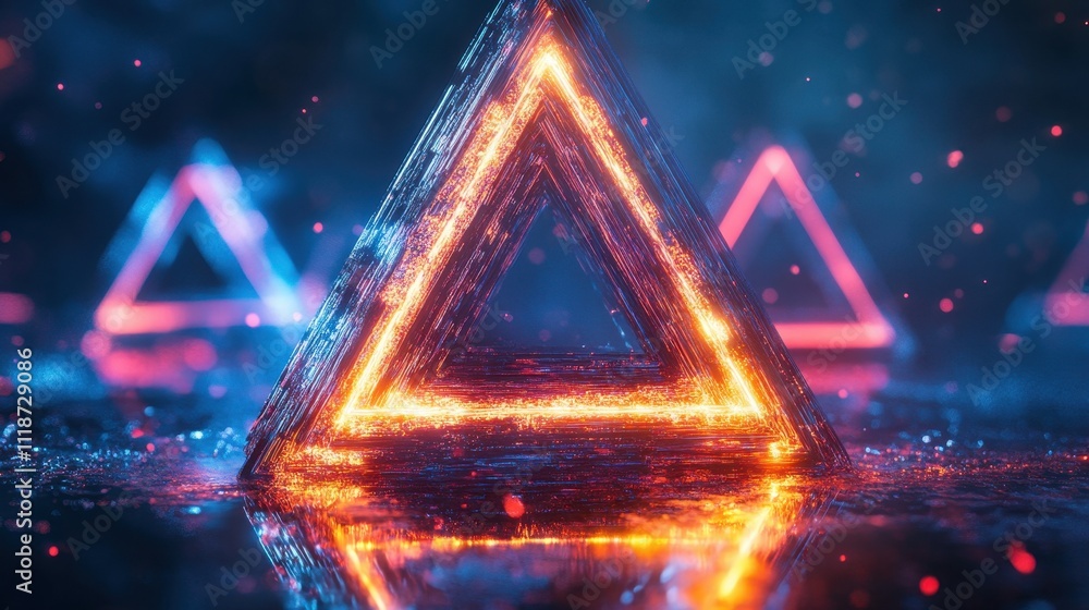 Poster a visually striking scene featuring glowing triangular shapes in a mystical environment.